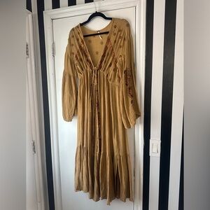 Free People Boho Maxi Dress Embroidered Long Sleeve Tie Front Size M/L